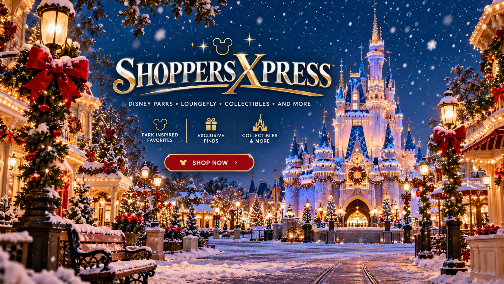 ShoppersXpress Christmas at a snow-covered magical theme park. Shop Now.