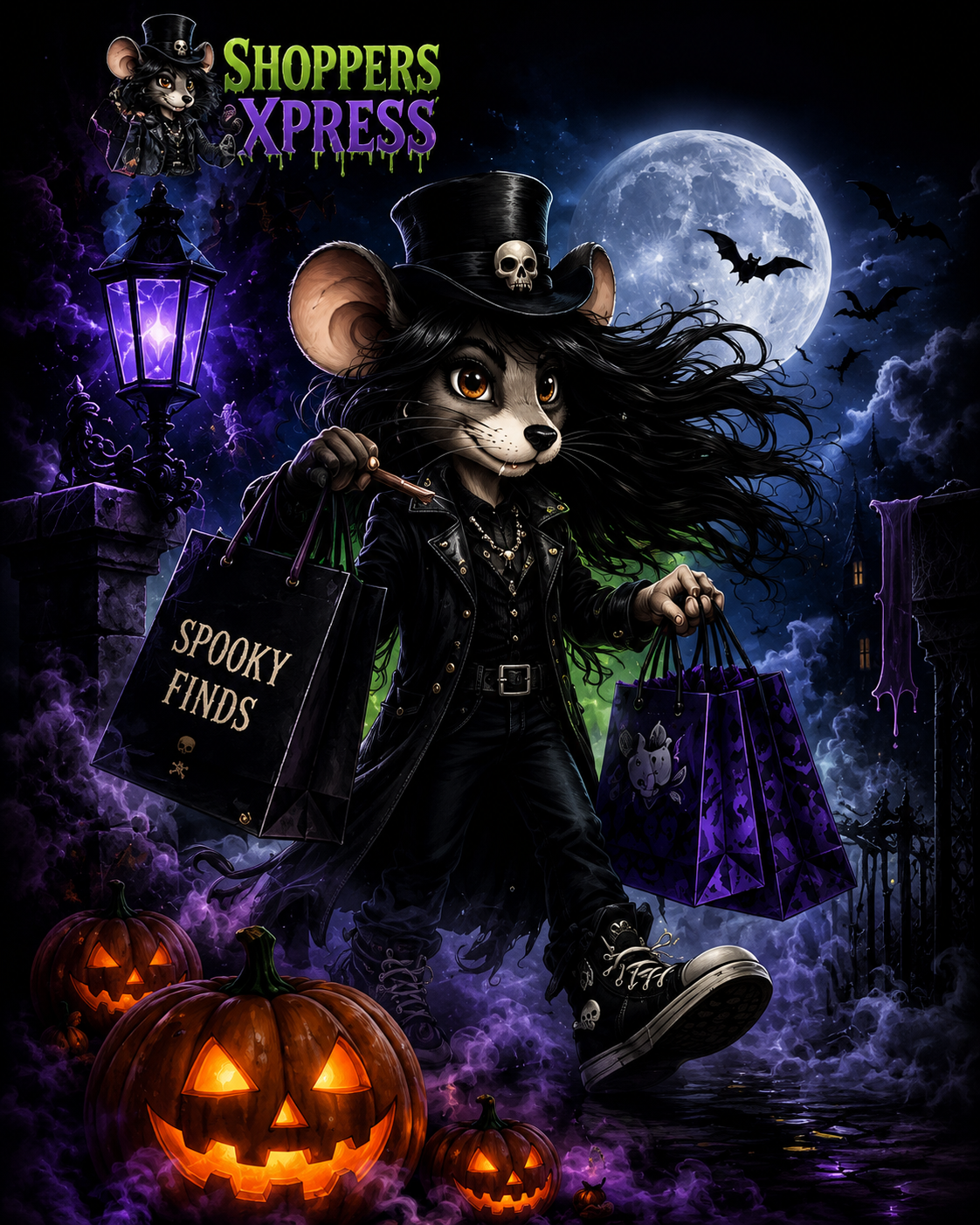The Mouse carrying ShoppersXpress shopping bags through a Halloween scene